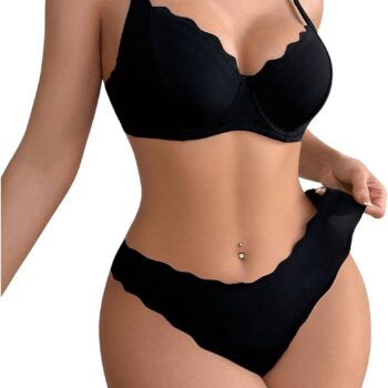 Women 2 Piece Lingerie Sets Scallop Trim Lightly Lined Underwire Bra and Low Rise Briefs Underwear