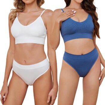 2 Pack Bra and Panty Sets for Women, Wireless Ribbed Knit Lingerie Set - Seamless Bra, Ribbed and Basics (2 Pack)