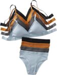 Women 4 Sets Ribbed Knit Lingerie Sets Wireless Bra and Panties Briefs Matching Underwear Sets