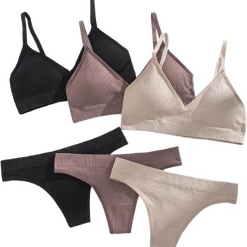 Women 6 Piece Ribbed Knit Lingerie Sets Seamless Wireless No Show Bra and Panty Thong Sets Matching Underwear Sets